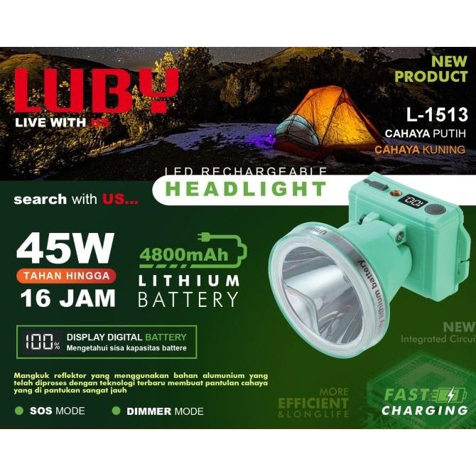 

TERSEDIA HEADLAMP LUBY LED L1513 SENTER KEPALA 45 WATT DISPLAY DIGITAL L-1513