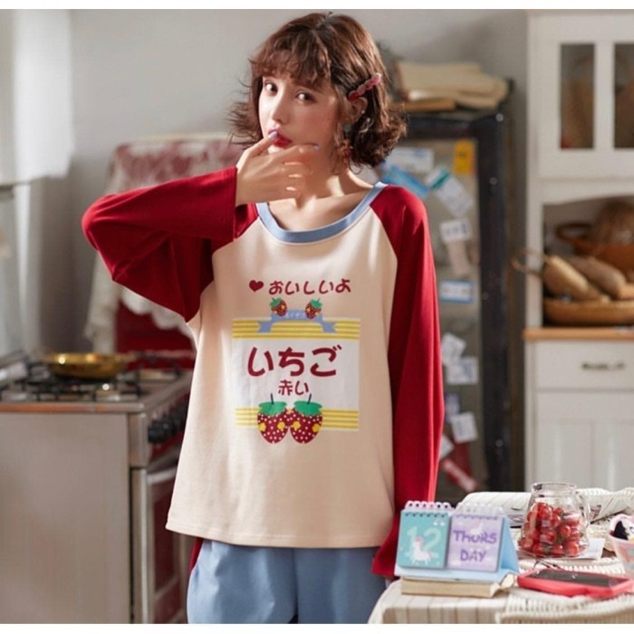 TERBARU Baju Tidur Piyama Wanita Yumico Bahan Import Kaos TP - Strawberry PROMO!