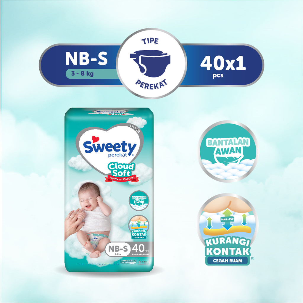 Sweety Silver Comfort Cloud Soft Newborn NB - S 40 Popok Perekat Baby Diapers