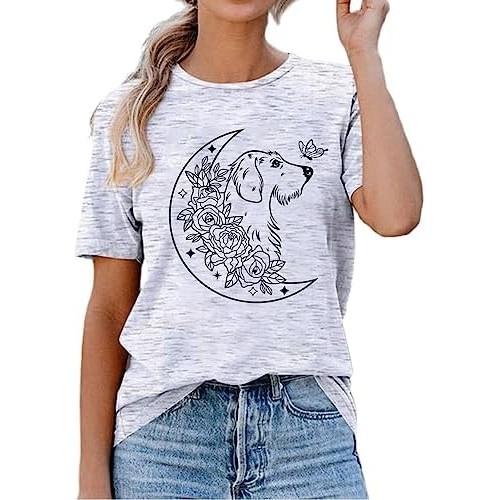 Kaos Musim Panas Kasual Dachshund Berbulu Kawat HONTOUTE untuk Wanita Kemeja Pola Anjing Lucu Kaus L