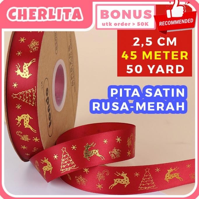 

45 Meter Pita Natal Christmas Ribbon Emboss Emas 50 Yard Packaging Kado Hampers Murah