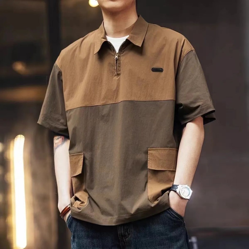 Baju Kodok Pria, Lengan Pendek Setengah Ritsleting Warna Kontras polo Keme00