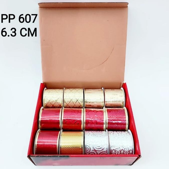 

JHK Pita Kawat Natal Bahan Kain 6 cm Pita Merah Emas Dekor Parcel Murah