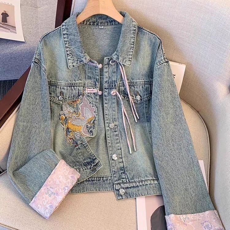 Mantel Denim Gesper Gaya China, Bordir Kostum China, Jaket Pendek Atasan Wanita