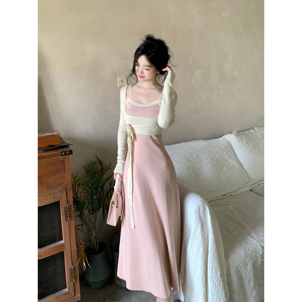 [Cream Winnie]Gaun tali ikat rajutan warna kontras manis atasan bertali rok panjang pelangsing pingg