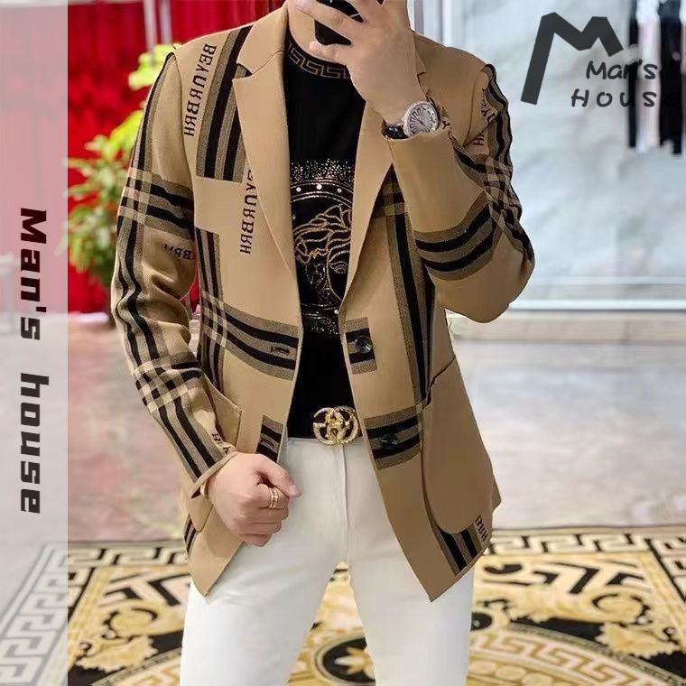Setelan Sweter Rajut Pria Kotak-kotak, Setelan Kasual Stasiun Eropa, Sweater Rajut, Mantel Kardigan 
