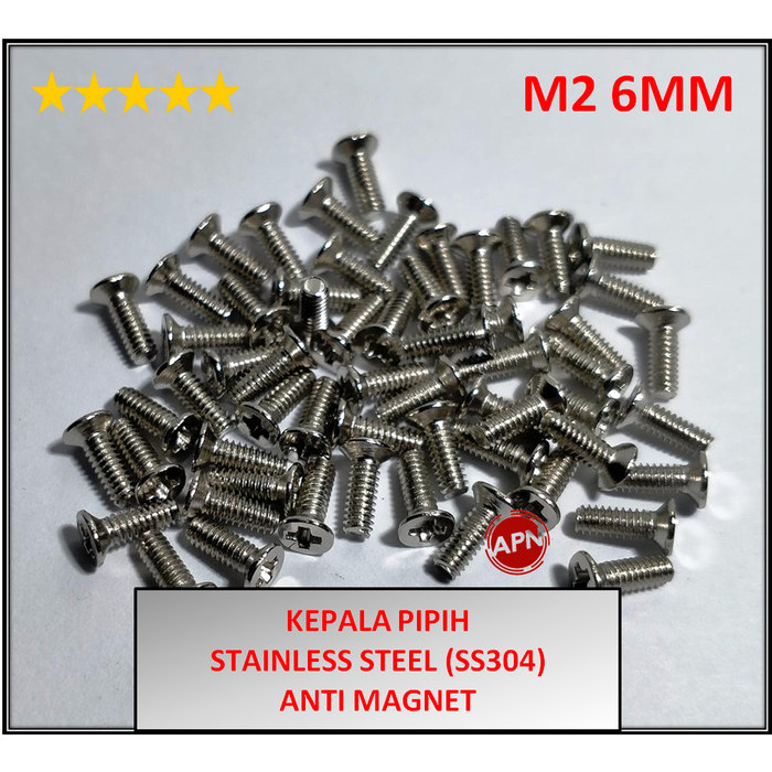 baut screw m2 6mm dia 2mm kepala pipih stainless steel