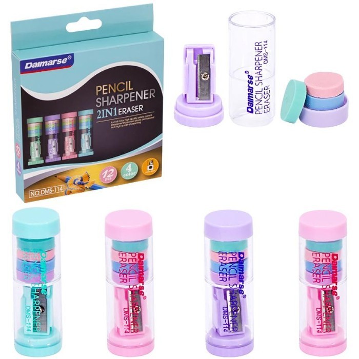 

Sale (1 Pak/12Pcs) Daimarse Dms-114 Rautan 2 In 1 Sharpener + Eraser Color