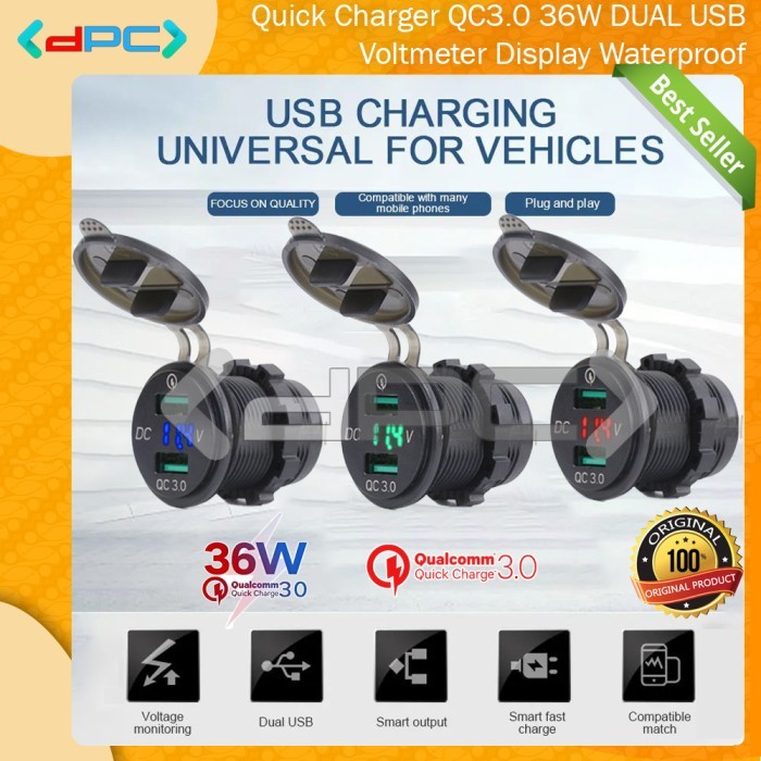 Quick Charger QC3.0 12-24V Dual Port USB & Voltmeter Waterproof