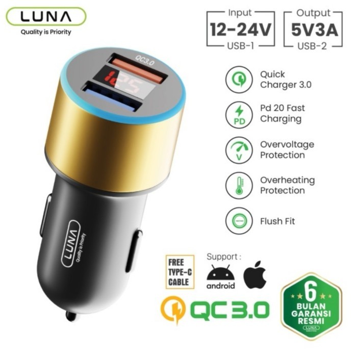 Luna Car Charger 3.1 A Fast Charging QC 3.0 Quick Charge Dual Port USB