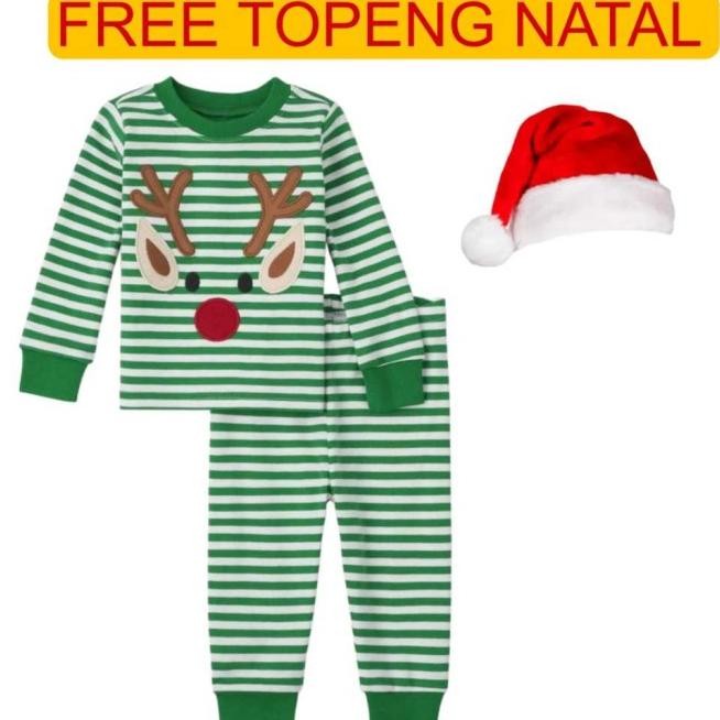 Set Topi Setelan Baju Natal Anak Laki-Laki Perempuan 2-10 Tahun Piyama