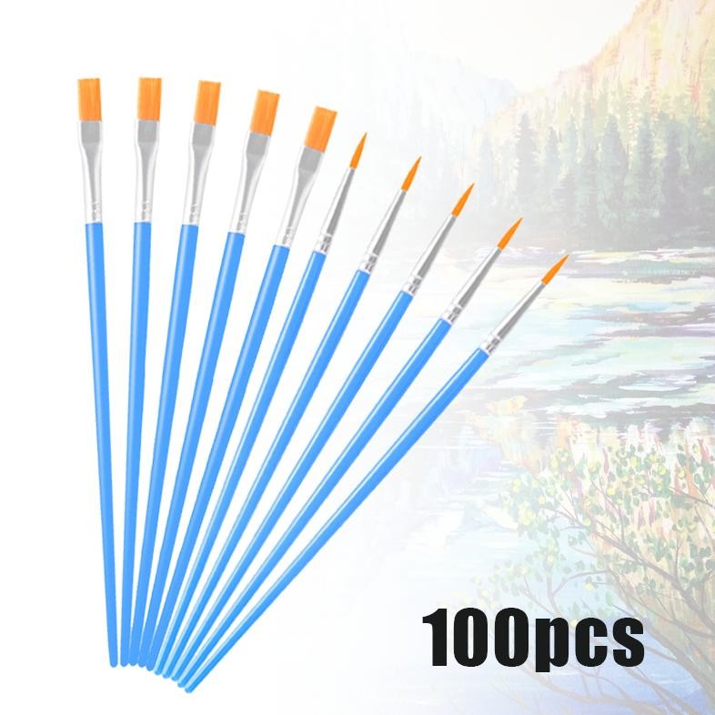 

100 Pcs Kuas Lukis Flat Kuas Nylon Datar Kuas Lukis Ujung Pointed Dan Flat Kuas Cat Acrylic Kuas Artist Paint Brush