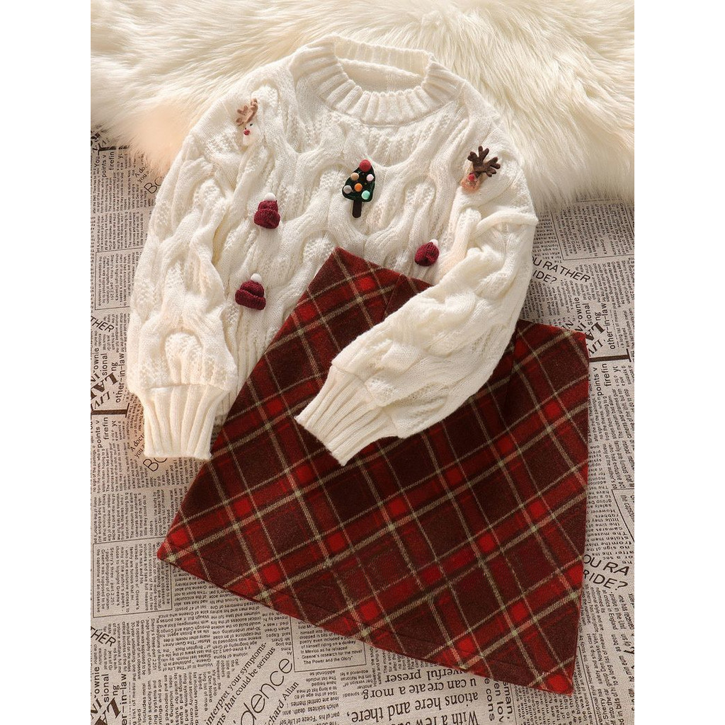 [Kue ceri]Set dua potong rok kotak-kotak wol rajutan sweter Korea