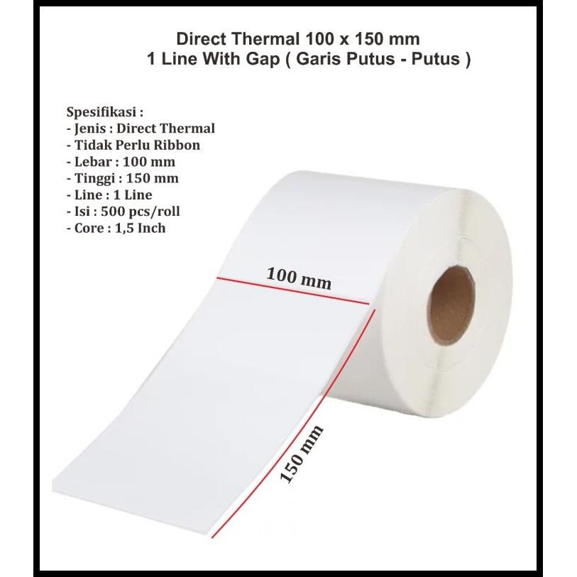 

Kertas Label Sticker Barcode Thermal 100 X 150 Mm 1 Roll Isi 500 A930