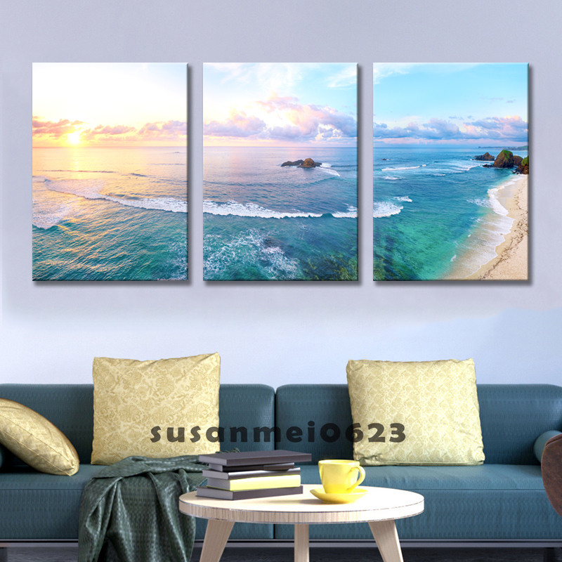 Kanvas Tanpa Bingkai Kesegaran Nordic Gelombang Laut Pemandangan Pantai Modern Sederhana Sofa Latar 