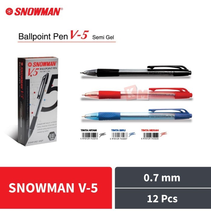 

TERBARU - Pulpen Ballpoint Pena Snowman V-5 V5 Hitam Merah Biru 0.7 mm 12 Pcs