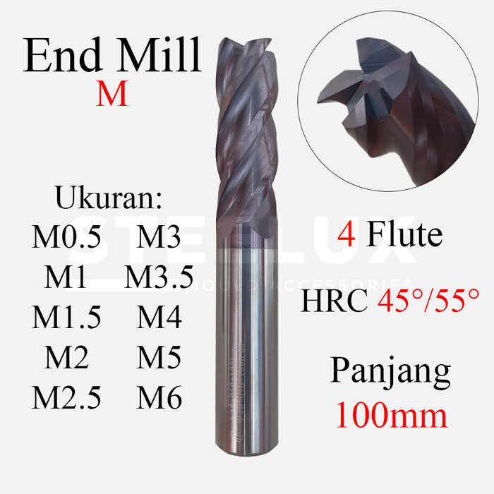 End Mill Carbide Leo Flat M0.5 M0.7 M1 M1.5 M2 M2.5 M3 M3.5 M4 M5 M6 x L100mm HRC 45/55 4F Flute 4T 