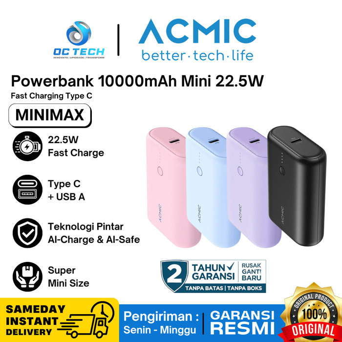BEBAS ONGKIR - PowerBank ACMIC MINIMAX Super Mini 10000mAh Ai Charge Power Bank QC 4.0 PD VOOC