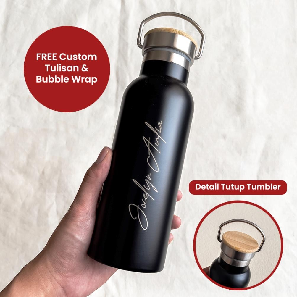DISKON! Tumbler Bamboo Custom Nama Tumblr Stainless Grafir Logo Kado Custom Tulisan Nama atau Logo H