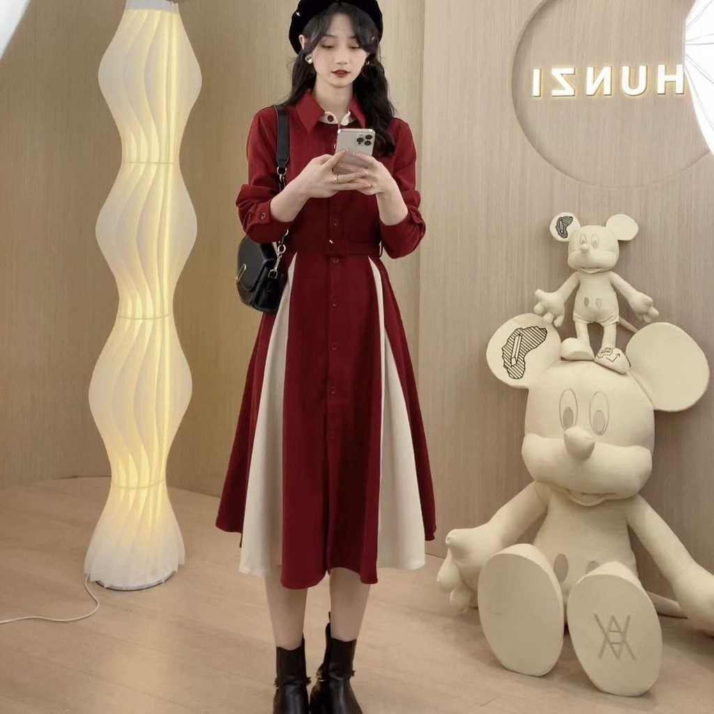 Niche Retro Dress Women's Autumn Color Contrast Patchwork Midi Dress