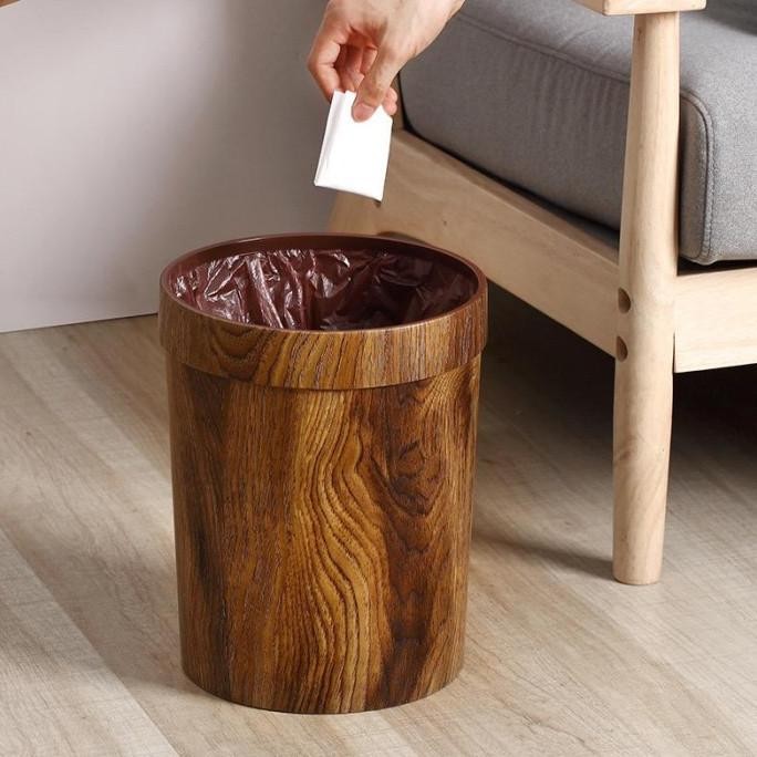 BEBAS ONGKIR - Tong Sampah Cantik Motif Kayu Tempat Sampah Retro Trash Can LivingRoom