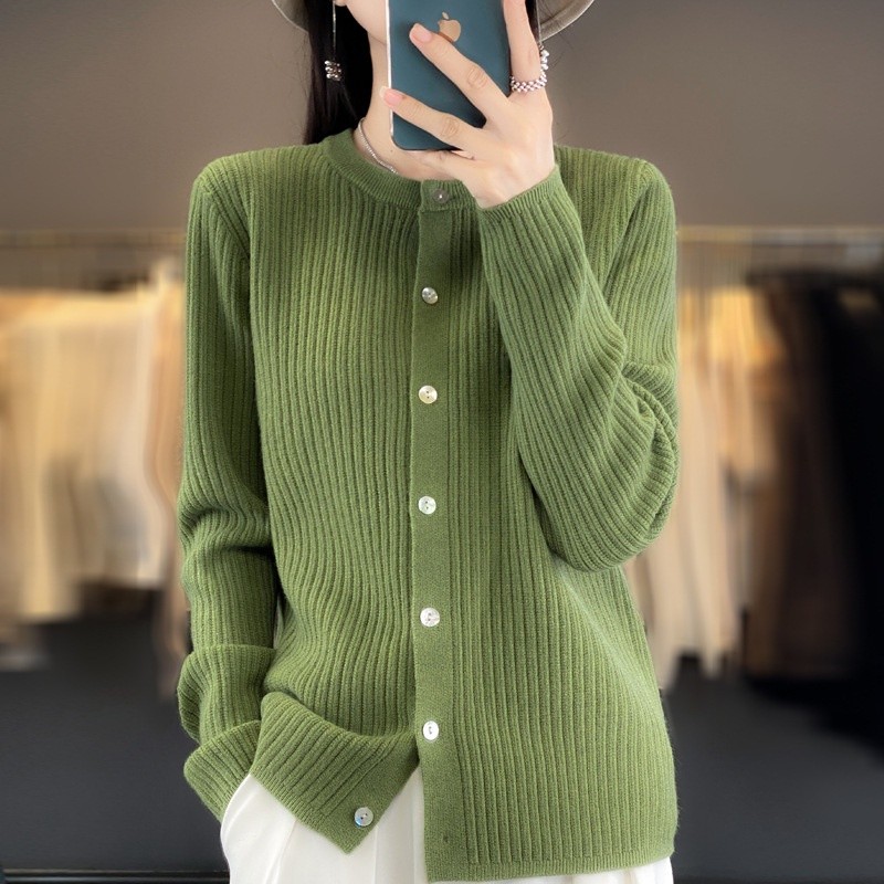 Wanita Chunky Rib Knit Terbuka Depan Kancing Bawah Kardigan Sweater Ringan Crewneck Lengan Panjang P
