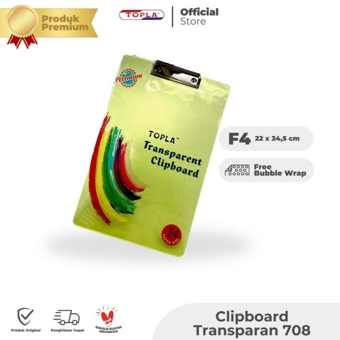 

YE206 Clipboard Transparan 708 Papan Dada Alas Ujian TOPLA ukuran F4 GRATIS ONGKIR