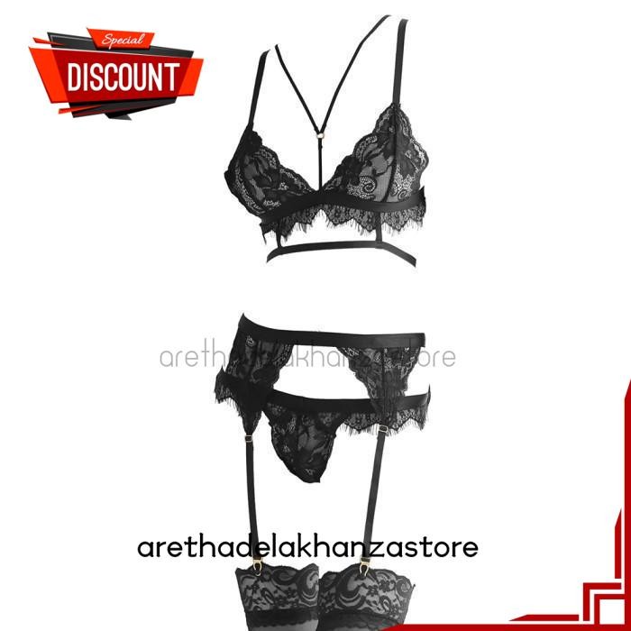PAKAIAN DALAM BRA SET BRALETTE SEXY HOT BH CD LACE HITAM GARTER BELT STOCKING SEKSI HIGHT QUALITY BY