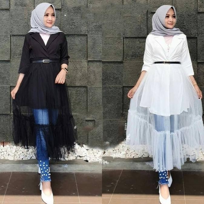 Baru Atasan Tunik Putih Muslim Tile Tutu Kemeja Lebaran Haji Umroh Hijab