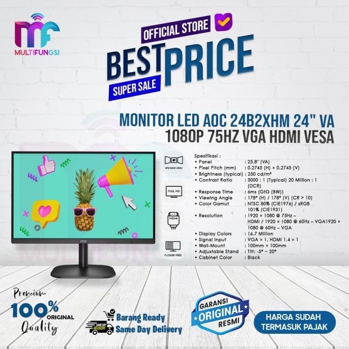 

Monitor LED AOC 24B2XHM 24" VA 1080p 75Hz VGA HDMI VESA Garansi Resmi