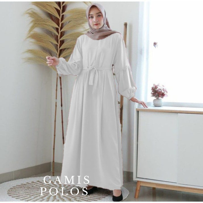 baju muslim gamis polos elegan terbaru gamis lebaran wanita dewasa - Putih, L