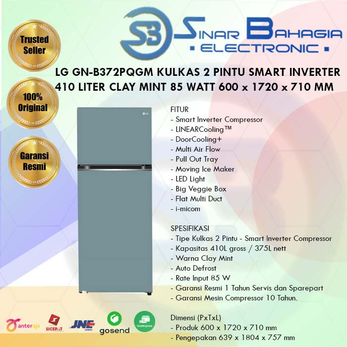 LG GN-B372PQGM KULKAS 2 PINTU SMART INVERTER 410 LITER CLAY MINT 85 WATT 600 x 1720 x 710 MM  (NEW) 