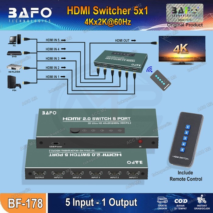 TERBARU - BAFO HDMI Switcher 5 IN 1 OUT 4K Switch HDMI 2.0 ORIGINAL BAFO BF-178