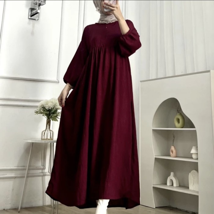 BEST SELLER Gamis Zalima midi dress polos muslim wanita jumbo adem halus terbaru - Maroon, XL
