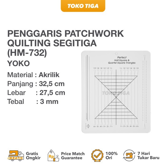 

Penggaris Patchwork Quilting Segitiga / Perfect Half-Square (HM-732)