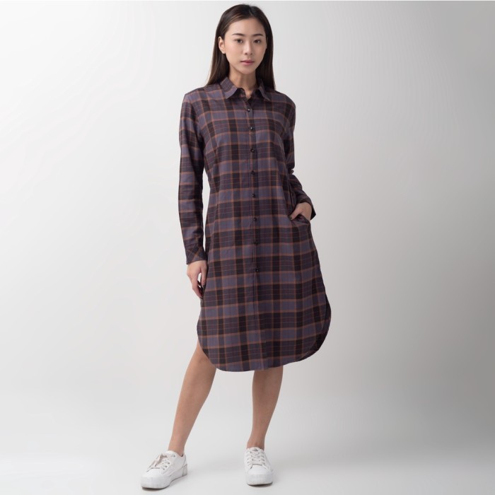 Murah Benhill Kemeja Tunik Flannel Wanita Kotak Abu 0717-11635 - S