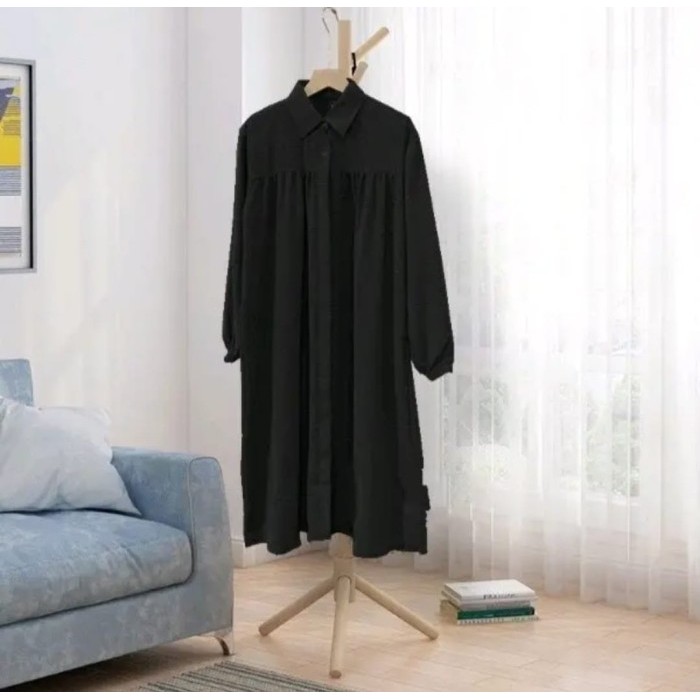 Bisa COD LONG DRESS TUNIK AZKIA POLOS FULL KANCING JUMBO / ATASAN WANITA MUSLIMAH - Hitam, L