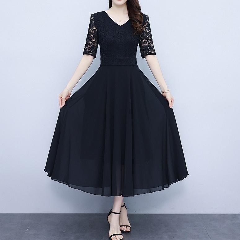 jku FAN 2024 Gaun Renda Lengan Pendek Hitam Korea Baru/dress hitam panjang/dress pesta wanita