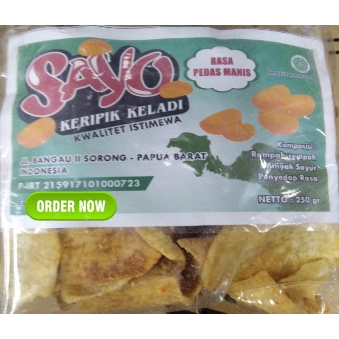 

Keripik Keladi Merek Sayo Sorong Papua Rasa Pedas Manis Kemasan 250Grm