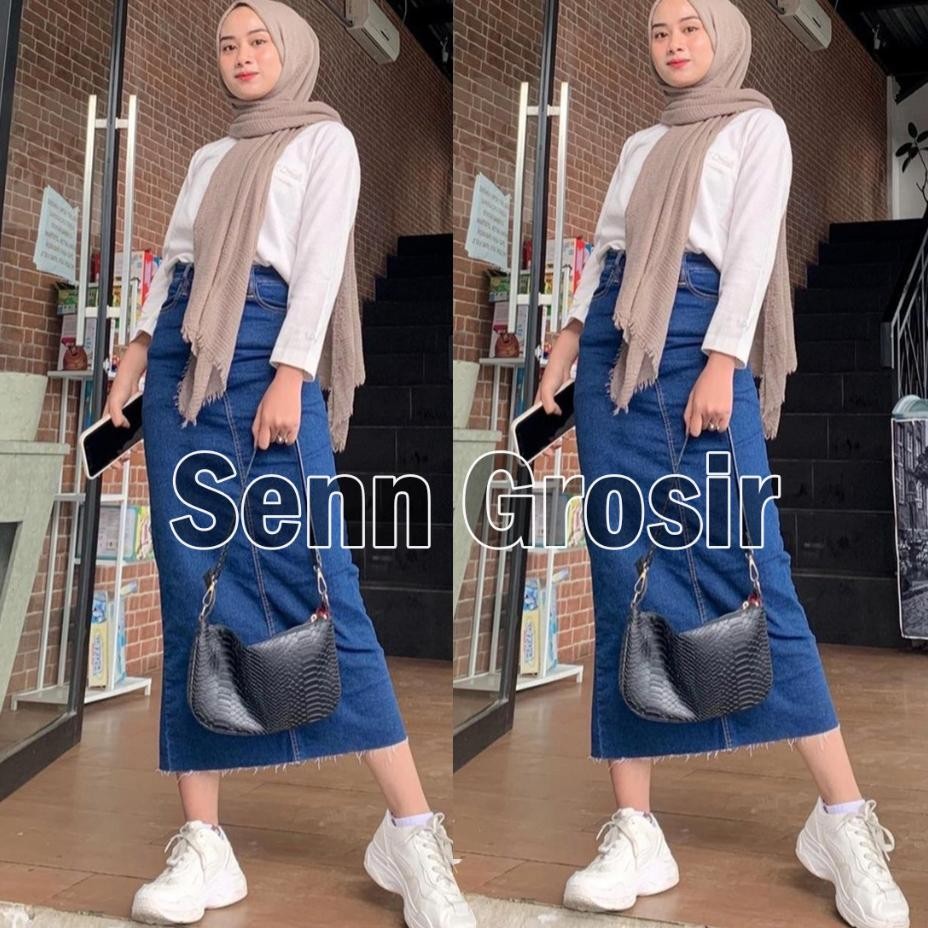 Rok Span Jeans Panjang 7/9 | Rok Span Highwaist | Rok Span Unfinish Kekinian