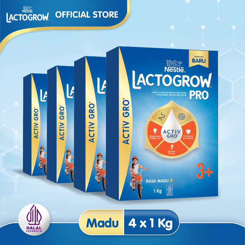 Nestle LACTOGROW PRO 3+ / LACTOGROW 4 dengan ACTiVGRO Susu Madu Box - 1000g x 4 [3 tahun keatas]