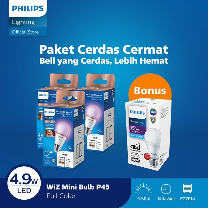 Beli 3 Philips Lampu Smart WiFi LED Minibulb 4.9W RGB Free Lampu 15W