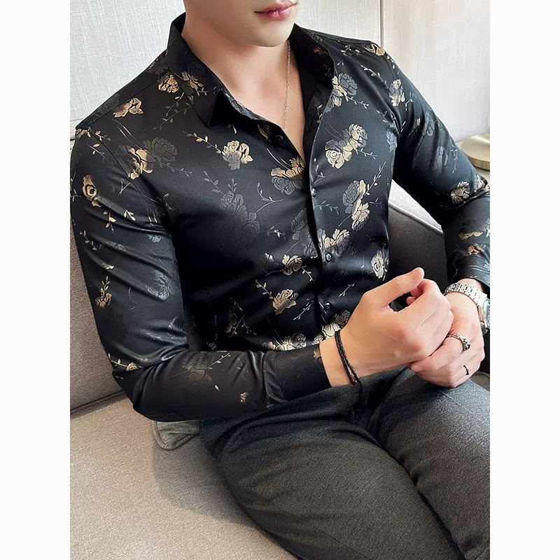 cod*Kemeja Pria Lengan Panjang, Baju Pria Motif Bunga Kecil Mawar Tampan, Pakaian Baru Mewah Ringan