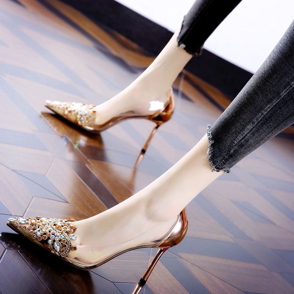 High Heels Wanita KW Sepatu Stiletto Ujung Lancip Berlian Imitasi Perak