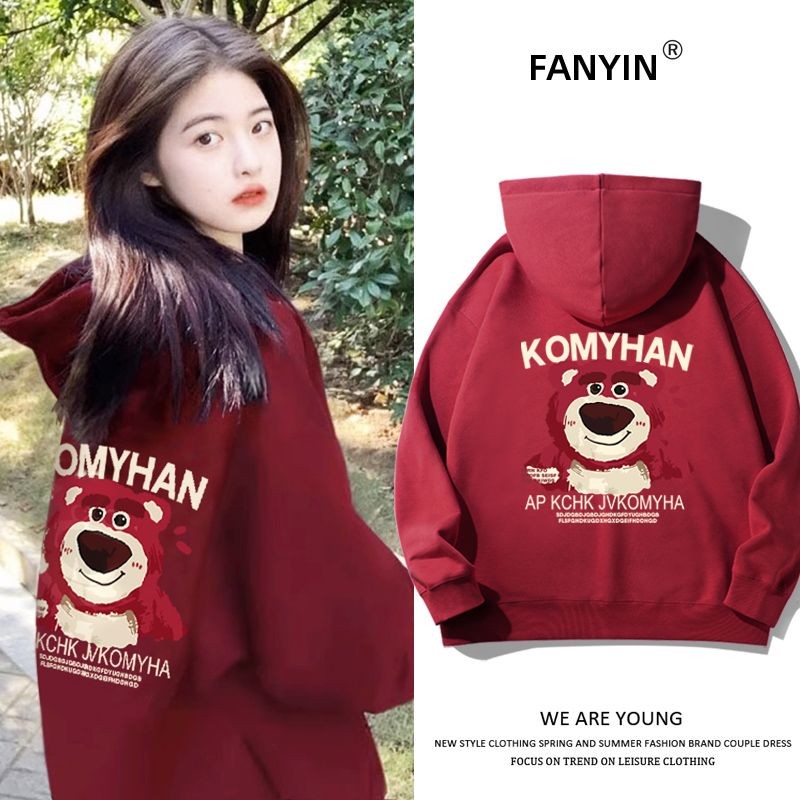 Sweater Berkerudung Beruang Stroberi untuk Wanita, Longgar Musim Gugur dan Musim Dingin Anggur Merah