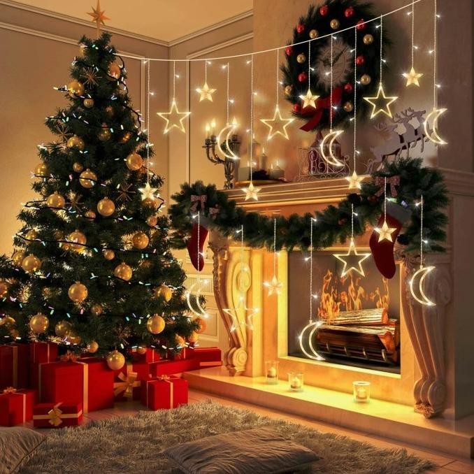 Lampu Hias Kelap-kelip Bintang Bulan Lampu Natal Tirai Led Hias Kamar