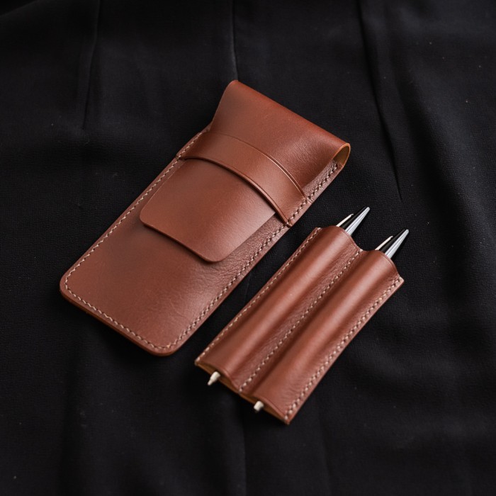 

Brown Italian Leather Fountain Pen Case, Double Pen Case Braow Goods