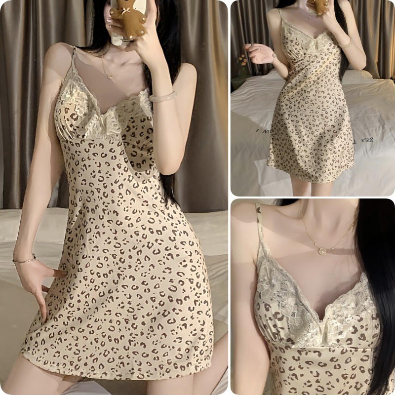 Lazy night Piyama Wanita Seksi Motif Macan Tutul Renda Tali Ikat Baju Tidur Pakaian Rumah