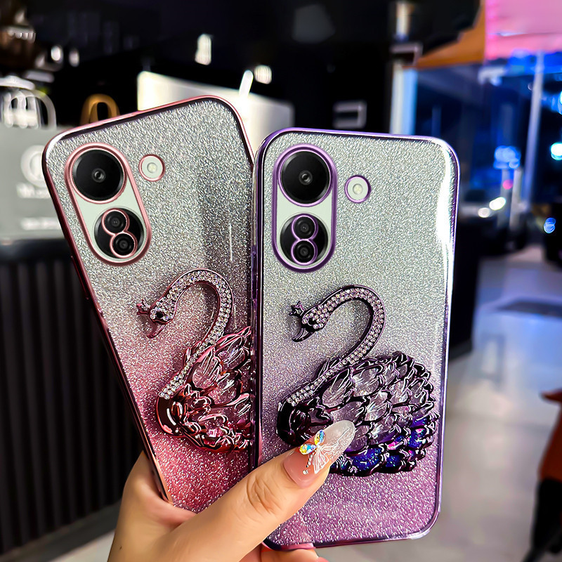 Phone case For Redmi 13 13C 13X Back cover Sparkling Gleaming 3D Cartoon Crystal Swan Phone Holder U