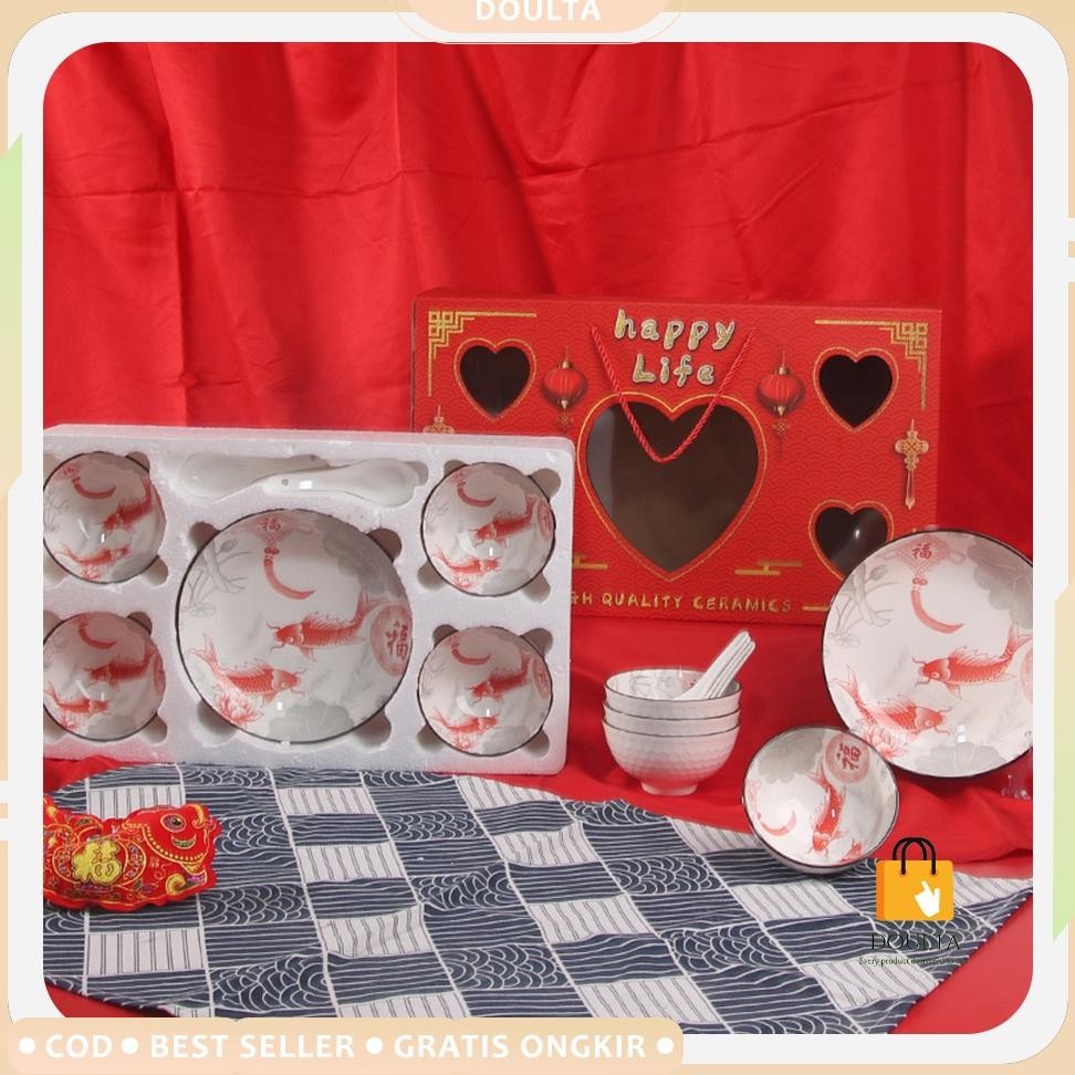 CR - Hampers Imlek Mangkok Keramik Set Piring Ikan Koi Tahun Baru Cina Kado Souvenir TERLARIS